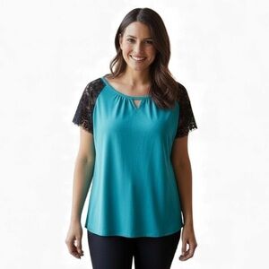 TORRID Size 00 0X XL Teal Blue Black Lace Sleeve Chiffon Blouse R $46